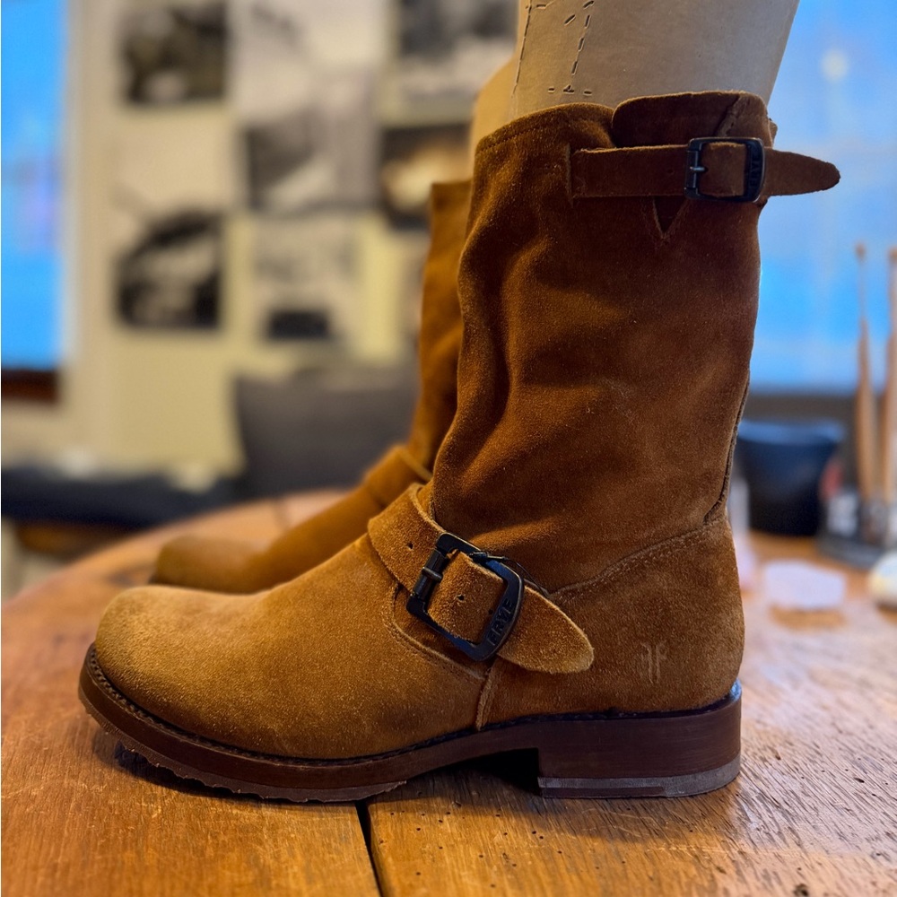 Frye Rusty Brown Suede Moto Buckle Boots
